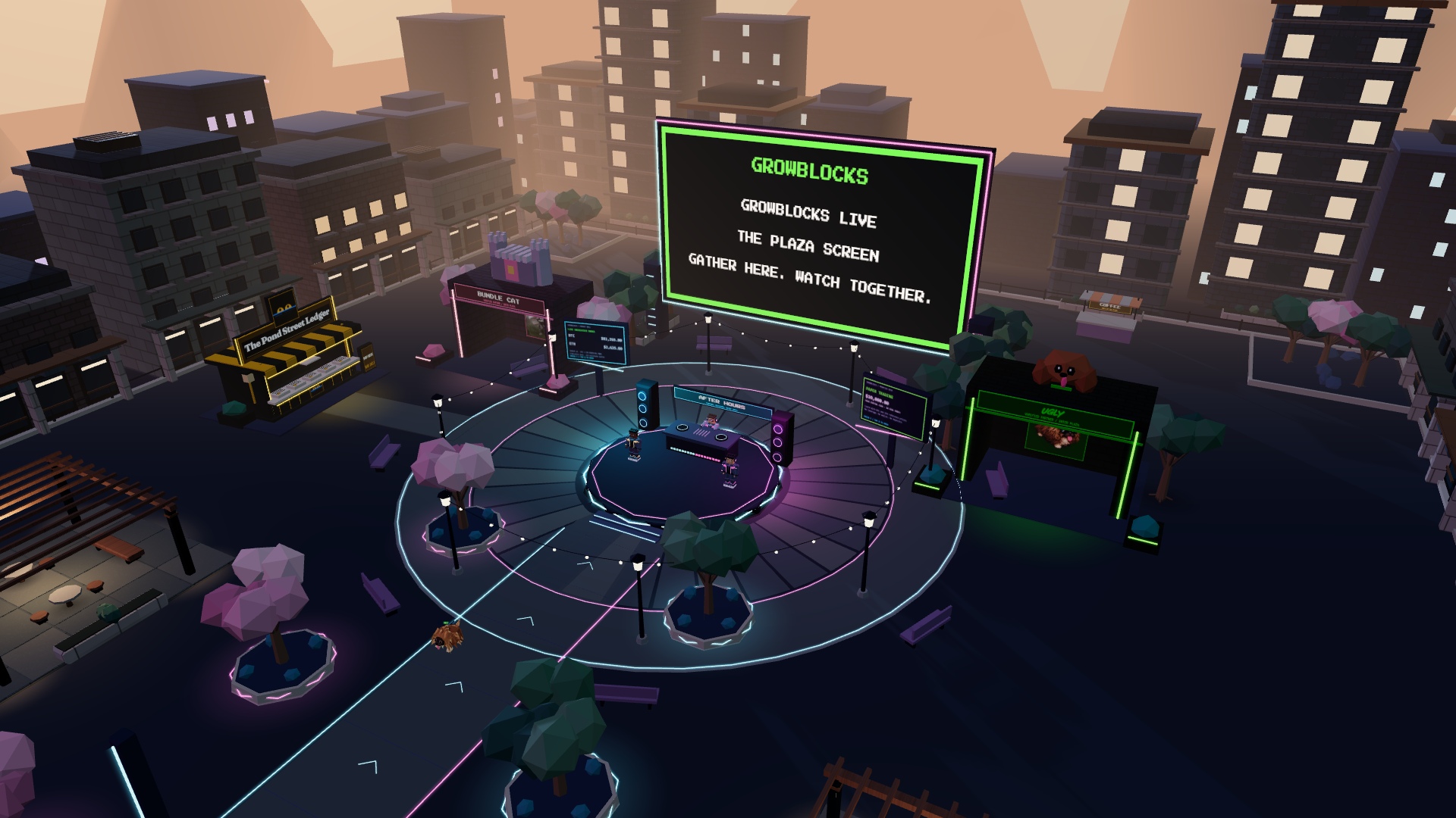 Aerial view of the GrowBlocks plaza, with a central stage, community venues and neon paths