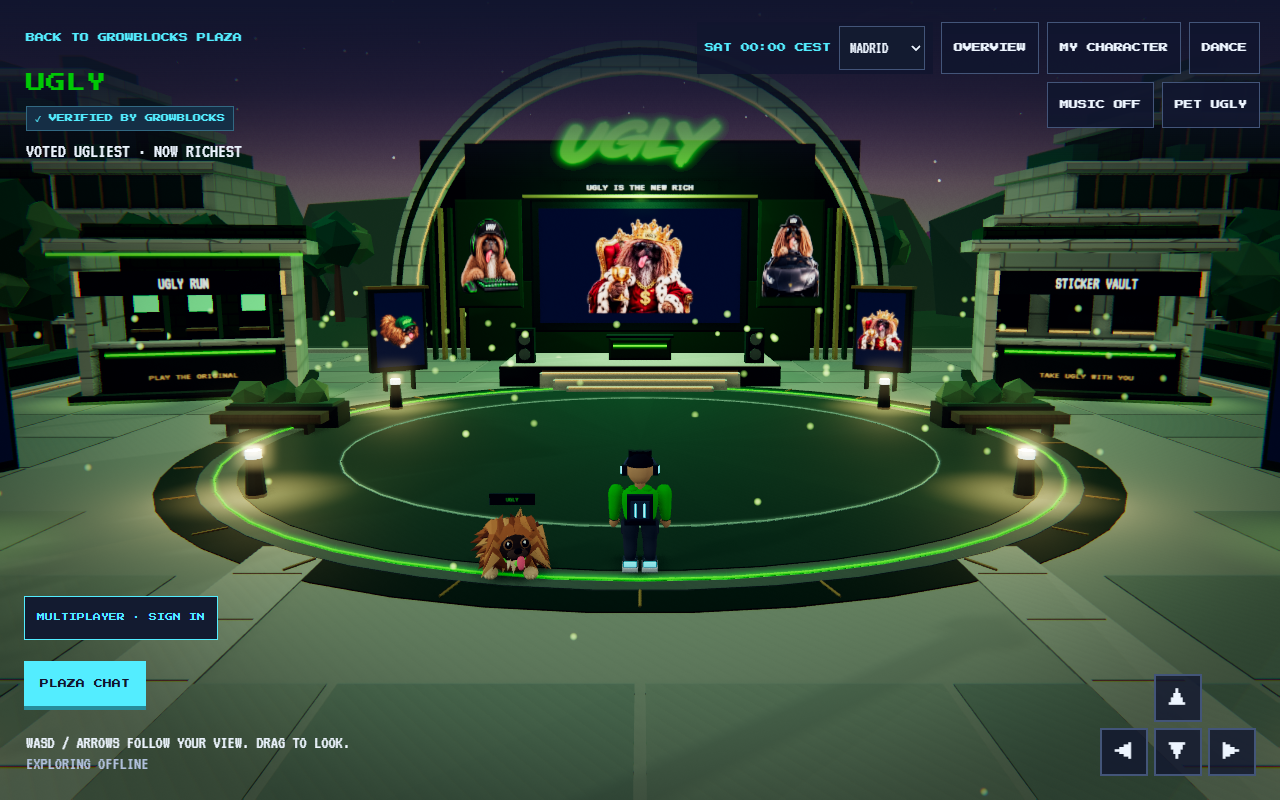 UGLY's green-lit plaza and arched stage